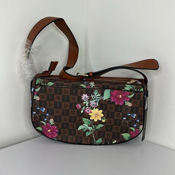 LONDON FOG Brown Iris Signature Shoulder Bag Floral Cognac Adjustable Strap - Picture 3 of 12